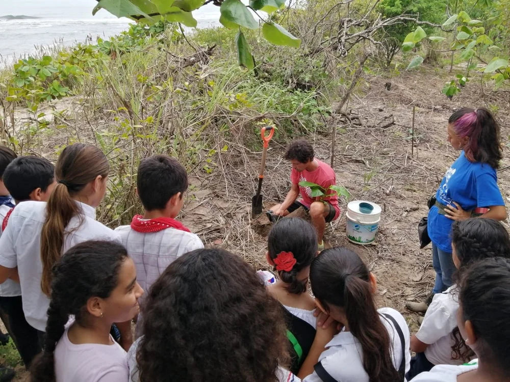 Kids planting trees at the beach in Costa Rica with Costas Verdes